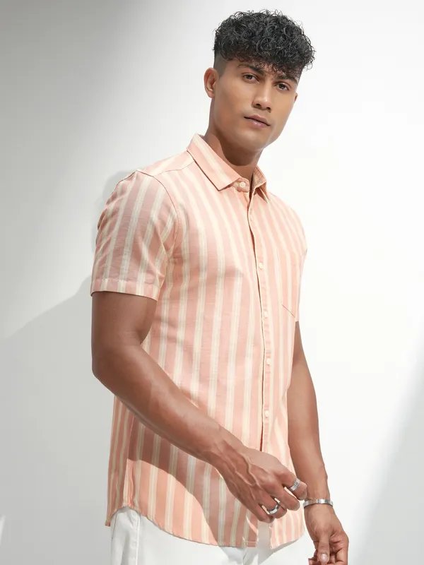 Highlander Men Peach Striped Regular Fit Casual Shirt