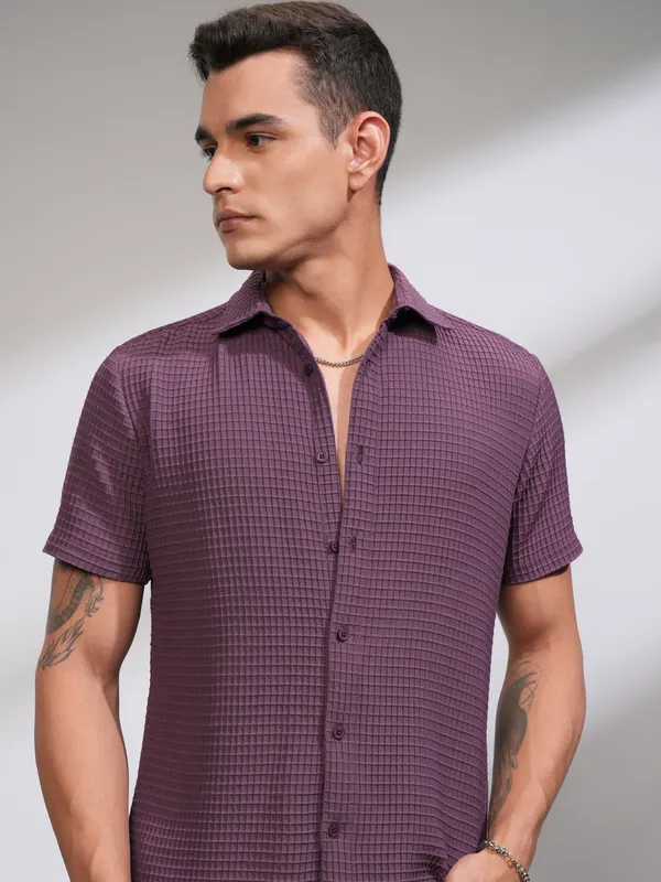 Highlander Men Purple Self Design Regular Fit Casual Shirt