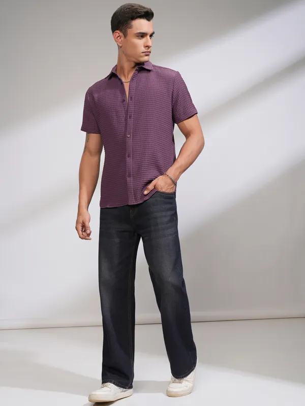 Highlander Men Purple Self Design Regular Fit Casual Shirt
