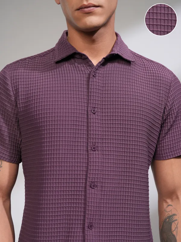 Highlander Men Purple Self Design Regular Fit Casual Shirt