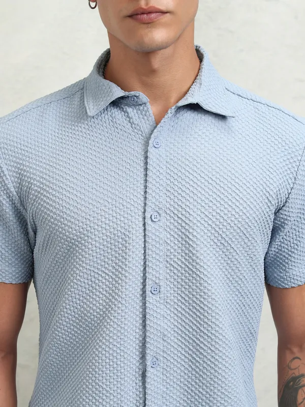 Highlander Men Blue Self Design Regular Fit Casual Shirt