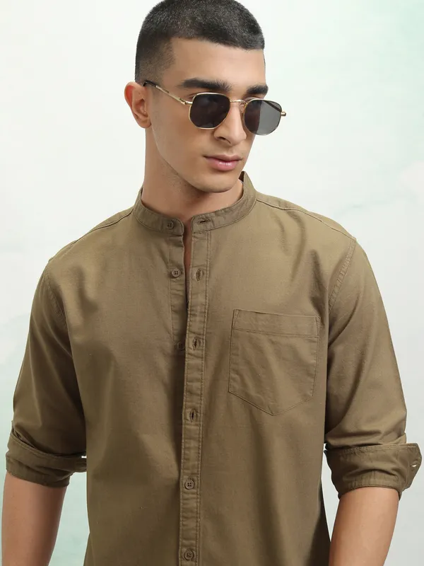 Highlander Men Khaki Solid Regular Fit Casual Shirt