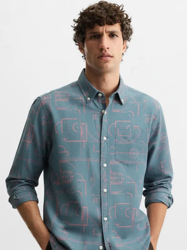 Highlander Men Blue Printed Slim Fit Casual Shirt