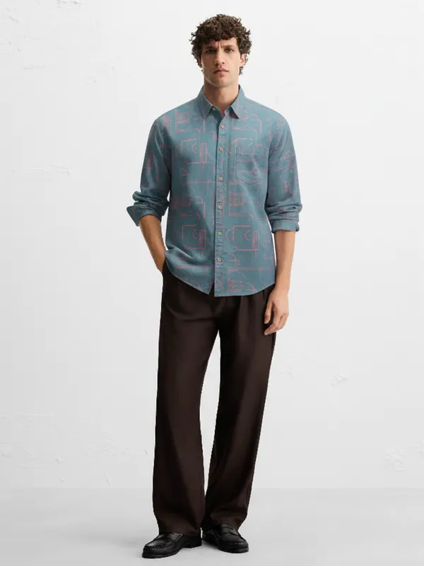 Highlander Men Blue Printed Slim Fit Casual Shirt