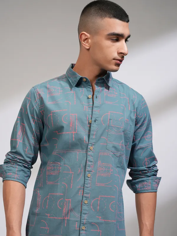 Highlander Men Blue Printed Slim Fit Casual Shirt