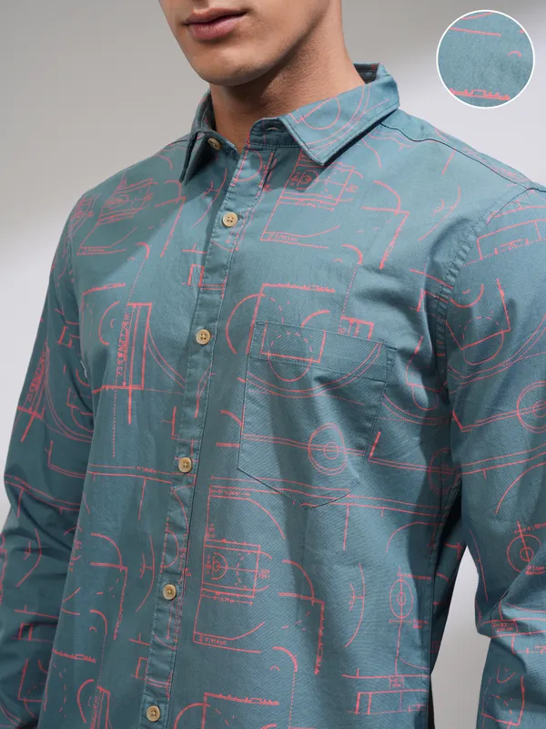 Highlander Men Blue Printed Slim Fit Casual Shirt