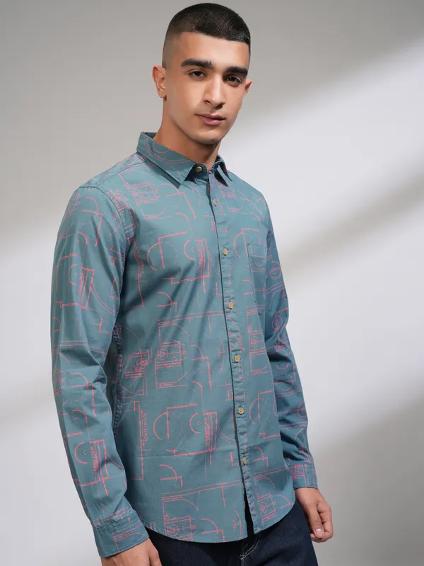 Highlander Men Blue Printed Slim Fit Casual Shirt