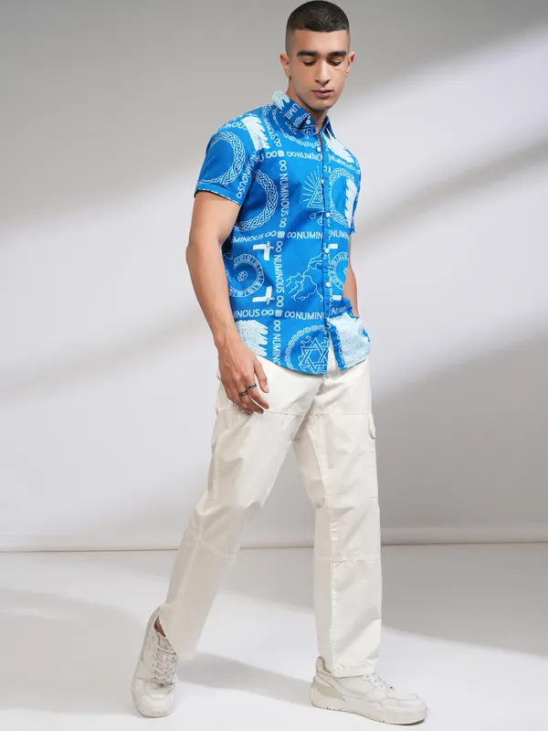 Highlander Men Blue Printed Slim Fit Casual Shirt