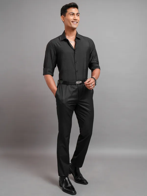 Highlander Men Black Self Design Slim Fit Casual Shirt