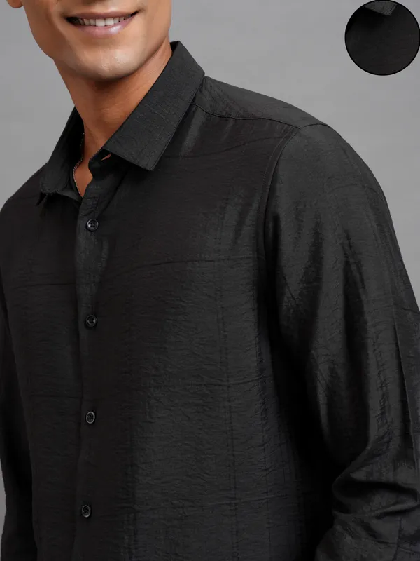 Highlander Men Black Self Design Slim Fit Casual Shirt