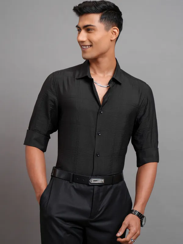 Highlander Men Black Self Design Slim Fit Casual Shirt