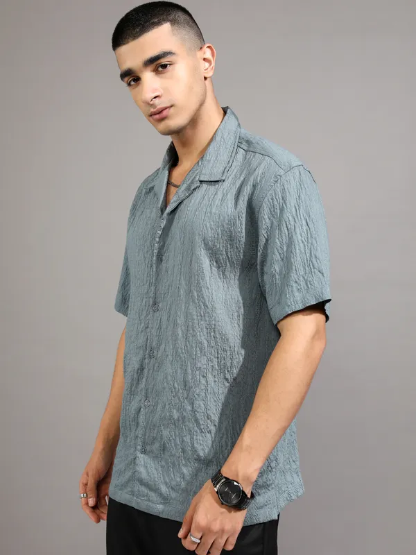 Highlander Men Blue Self Design Relaxed Fit Casual Shirt