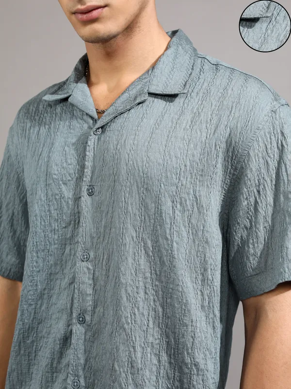 Highlander Men Blue Self Design Relaxed Fit Casual Shirt