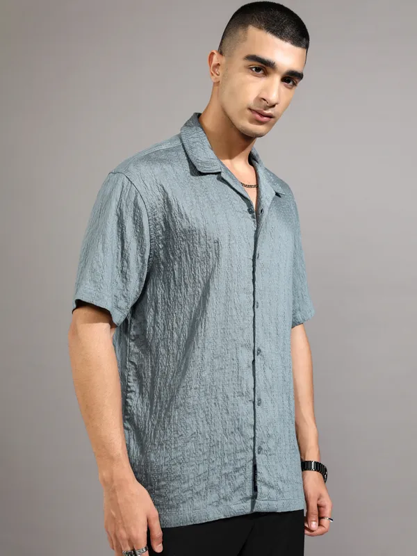 Highlander Men Blue Self Design Relaxed Fit Casual Shirt