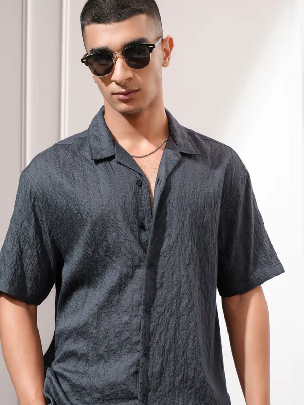 Highlander Men Blue Self Design Relaxed Fit Casual Shirt