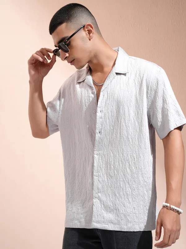 Highlander Men Grey Self Design Relaxed Fit Casual Shirt