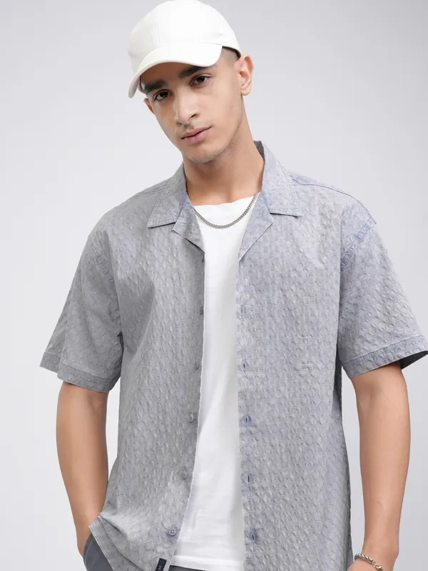 Highlander Men Blue Self Design Relaxed Fit Casual Shirt