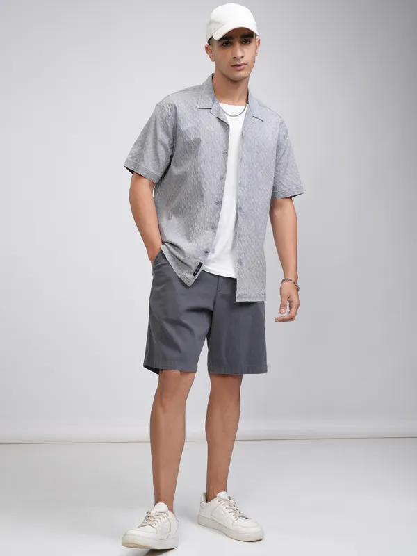 Highlander Men Blue Self Design Relaxed Fit Casual Shirt