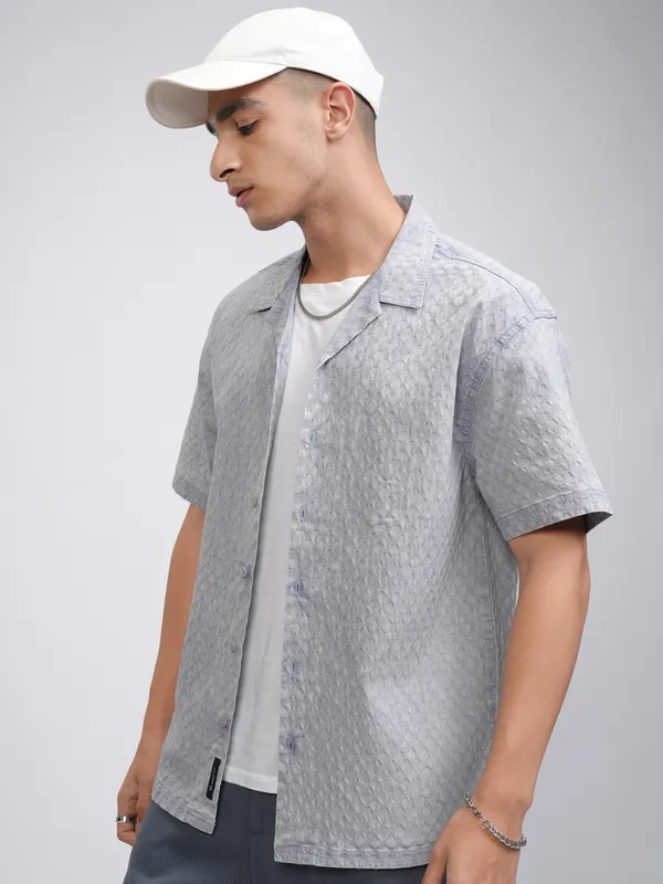 Highlander Men Blue Self Design Relaxed Fit Casual Shirt