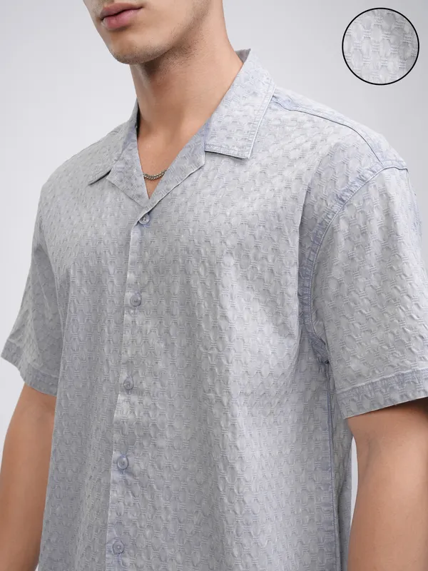 Highlander Men Blue Self Design Relaxed Fit Casual Shirt