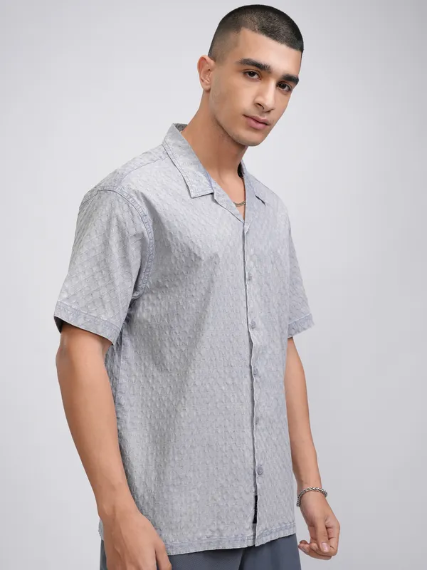 Highlander Men Blue Self Design Relaxed Fit Casual Shirt