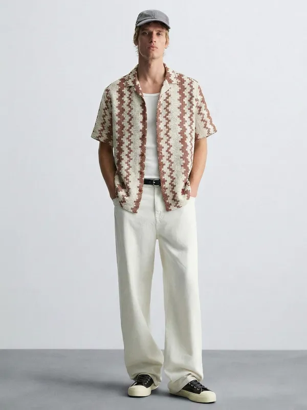 Highlander Men Beige Self Design Relaxed Fit Casual Shirt