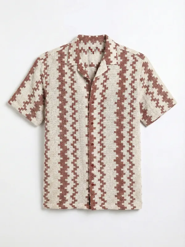 Highlander Men Beige Self Design Relaxed Fit Casual Shirt