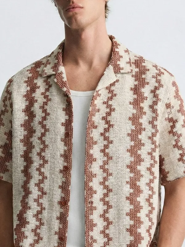 Highlander Men Beige Self Design Relaxed Fit Casual Shirt