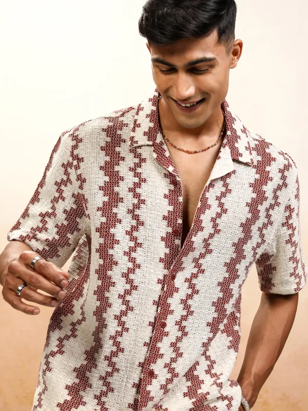 Highlander Men Beige Self Design Relaxed Fit Casual Shirt