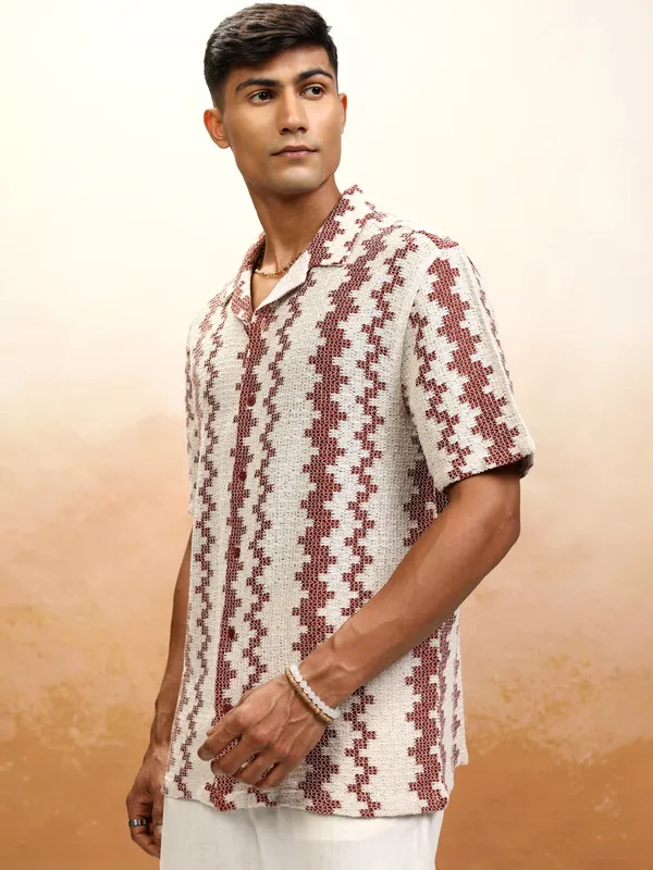 Highlander Men Beige Self Design Relaxed Fit Casual Shirt