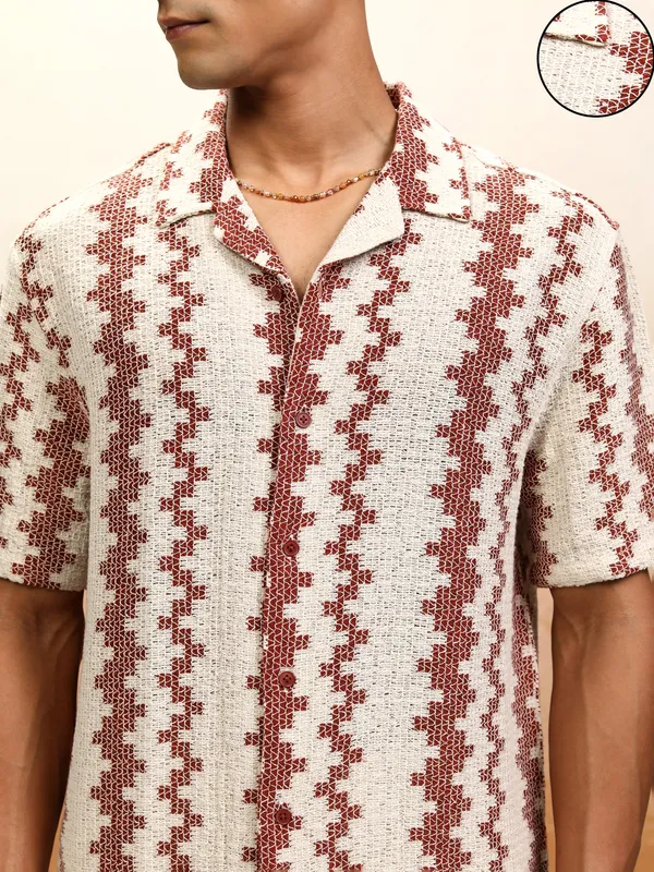 Highlander Men Beige Self Design Relaxed Fit Casual Shirt