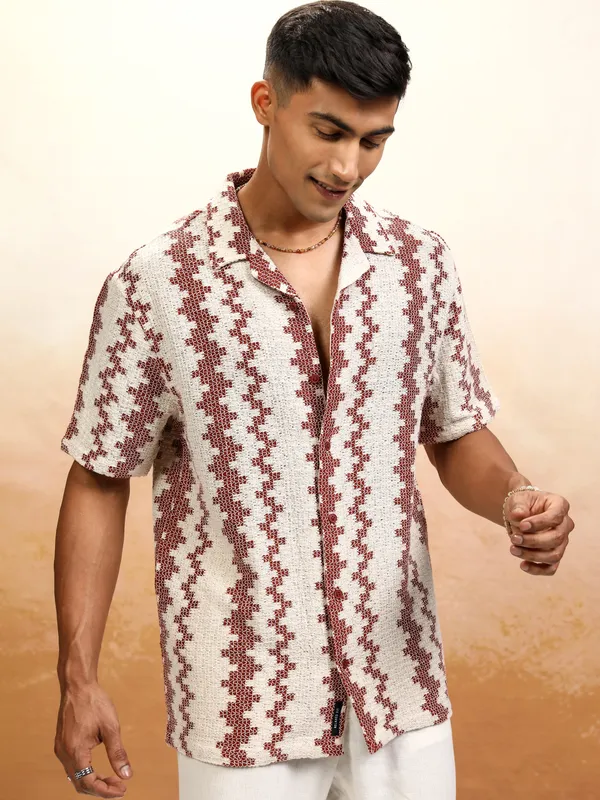 Highlander Men Beige Self Design Relaxed Fit Casual Shirt