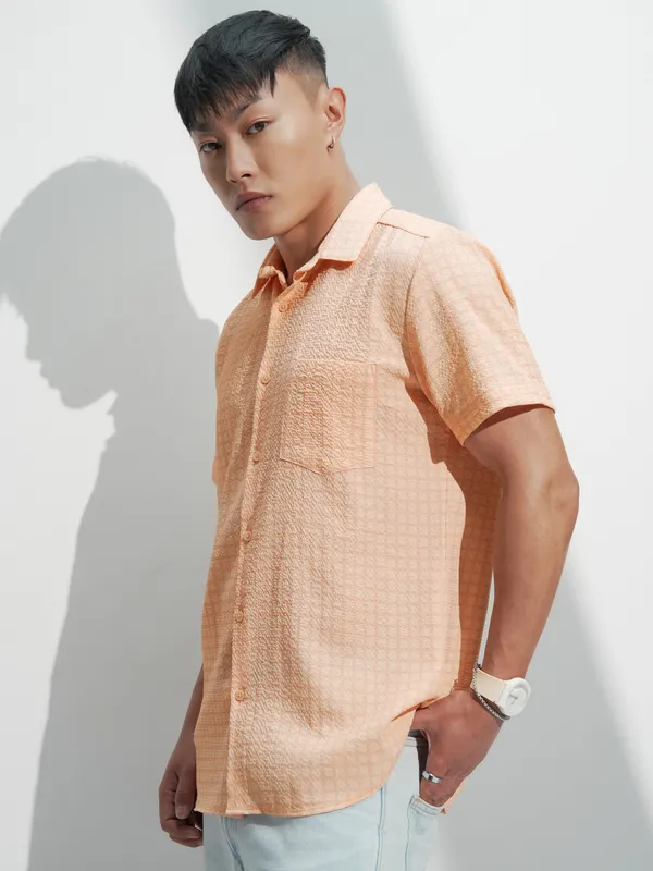 Highlander Men Orange Checked Regular Fit Casual Shirt