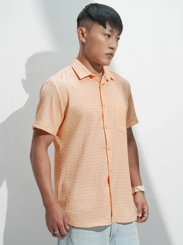 Highlander Men Orange Checked Regular Fit Casual Shirt