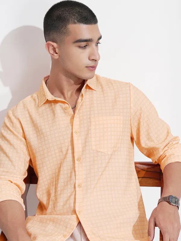 Highlander Men Orange Checked Regular Fit Casual Shirt