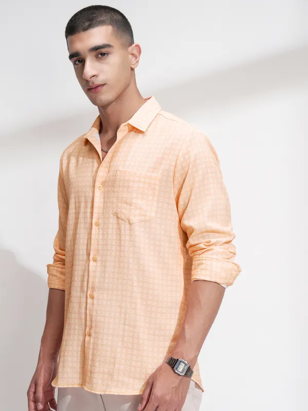 Highlander Men Orange Checked Regular Fit Casual Shirt