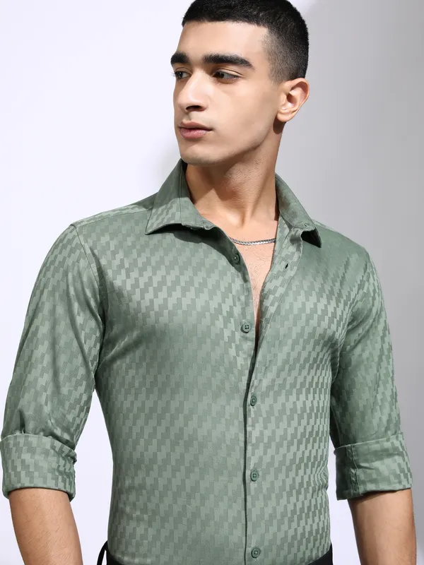 Highlander Men Green Self Design Slim Fit Casual Shirt