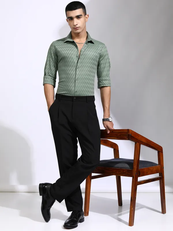 Highlander Men Green Self Design Slim Fit Casual Shirt