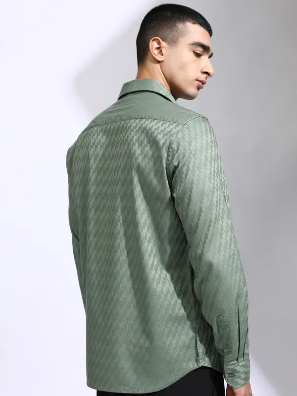 Highlander Men Green Self Design Slim Fit Casual Shirt