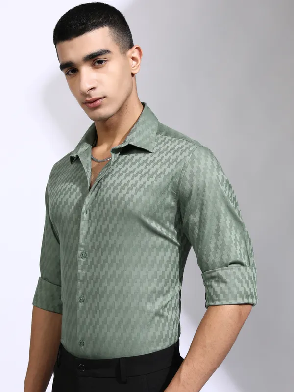 Highlander Men Green Self Design Slim Fit Casual Shirt