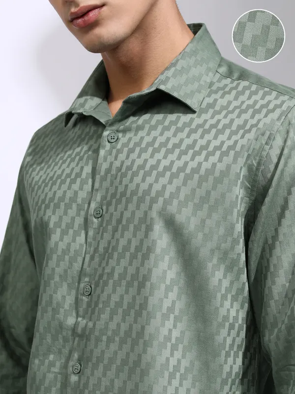 Highlander Men Green Self Design Slim Fit Casual Shirt