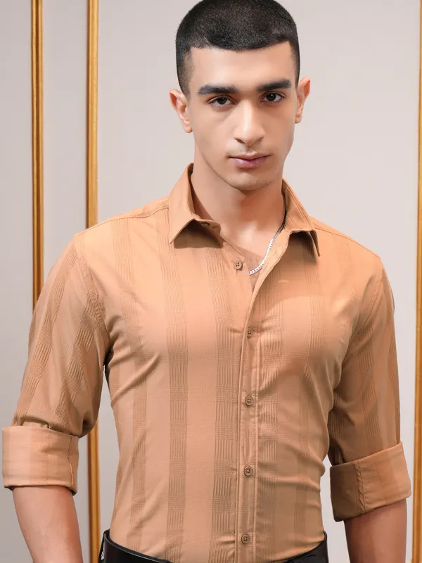 Highlander Men Orange Self Design Slim Fit Casual Shirt