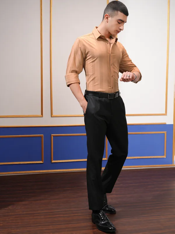 Highlander Men Orange Self Design Slim Fit Casual Shirt