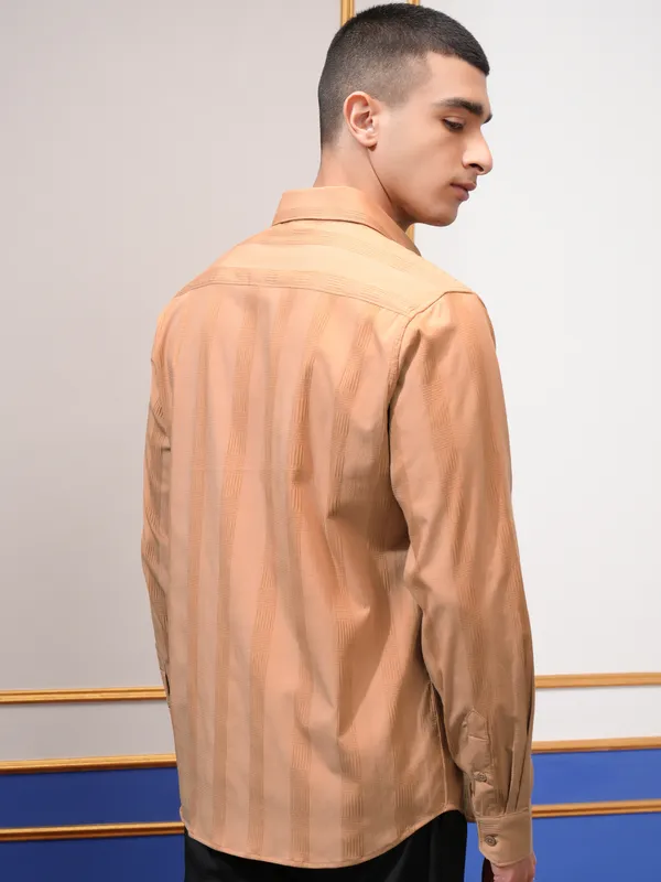 Highlander Men Orange Self Design Slim Fit Casual Shirt