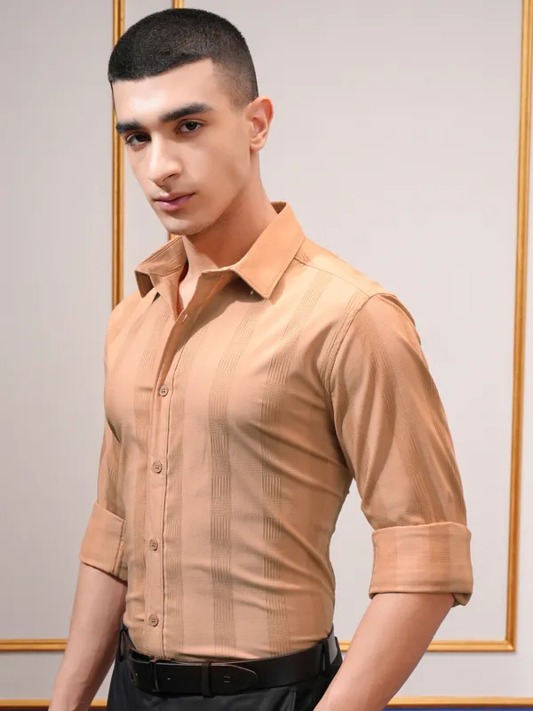 Highlander Men Orange Self Design Slim Fit Casual Shirt