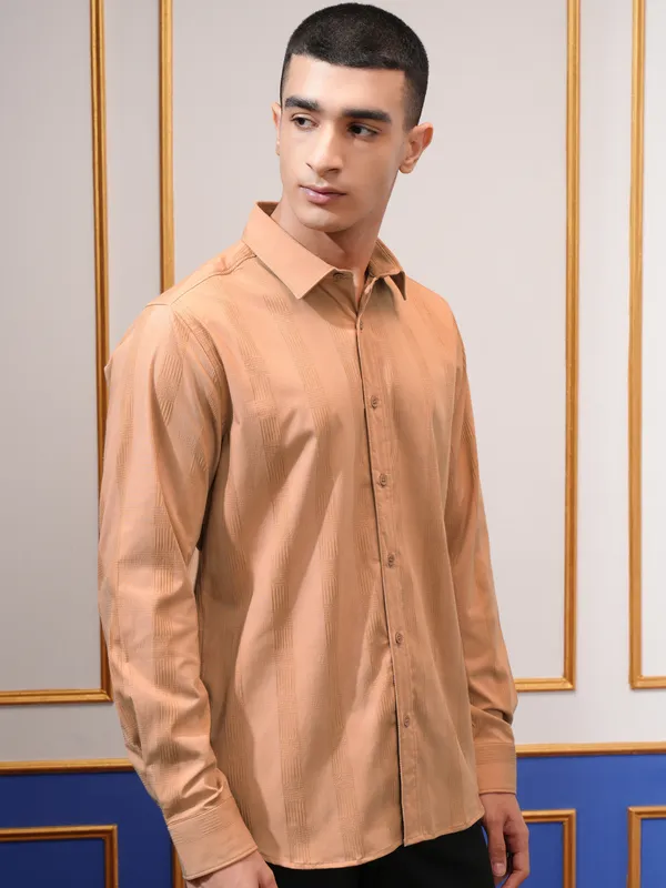 Highlander Men Orange Self Design Slim Fit Casual Shirt