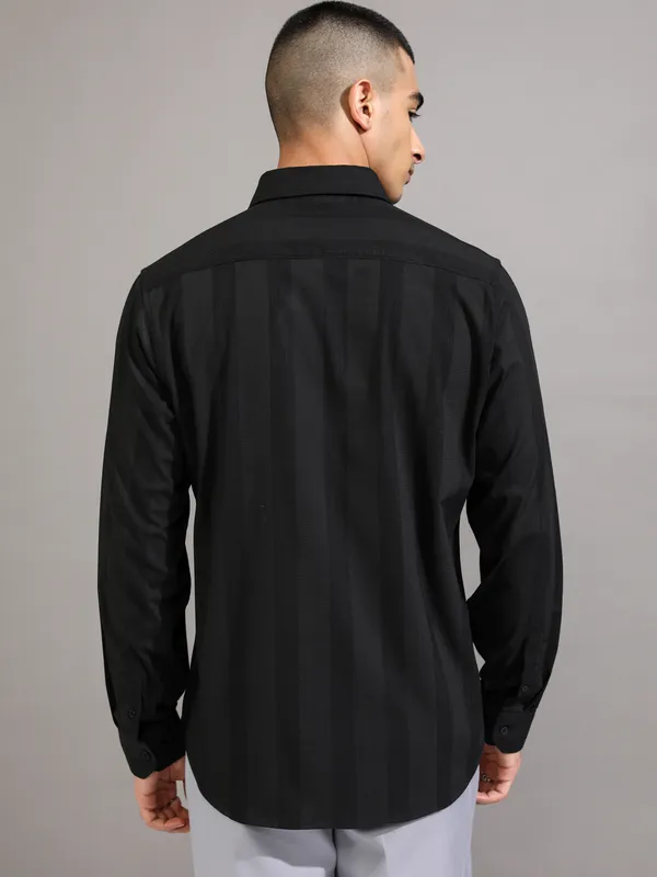 Highlander Men Black Striped Slim Fit Casual Shirt