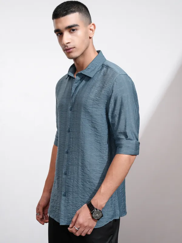 Highlander Men Blue Self Design Regular Fit Casual Shirt