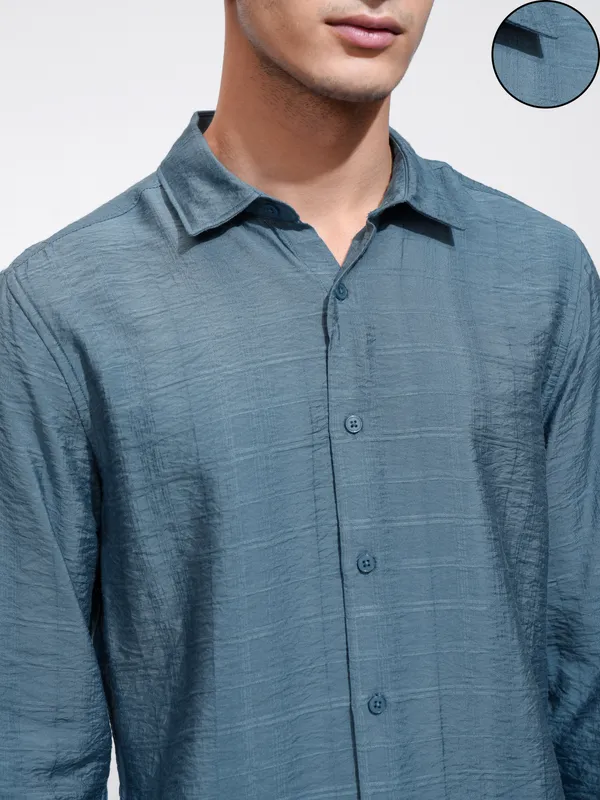 Highlander Men Blue Self Design Regular Fit Casual Shirt