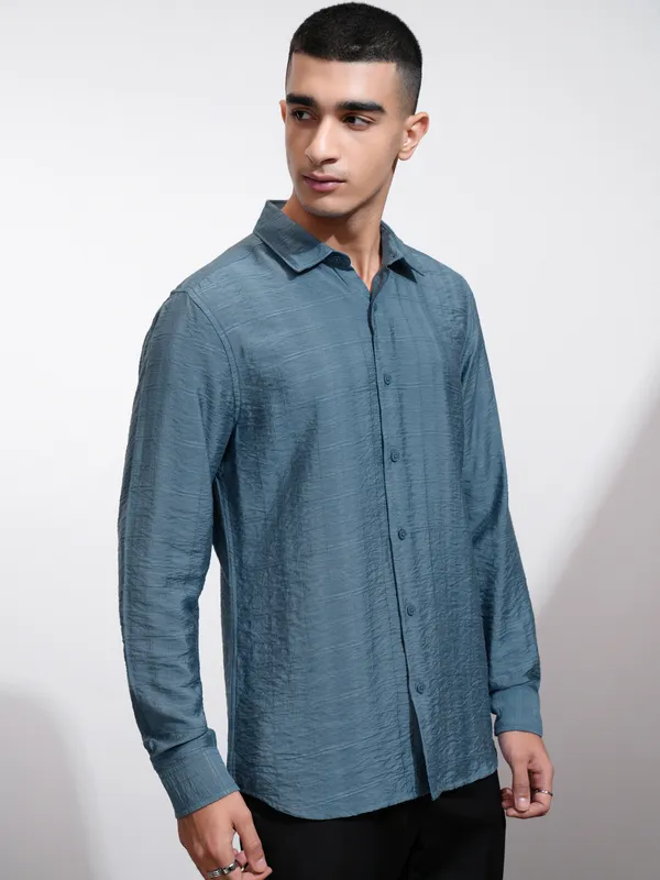 Highlander Men Blue Self Design Regular Fit Casual Shirt